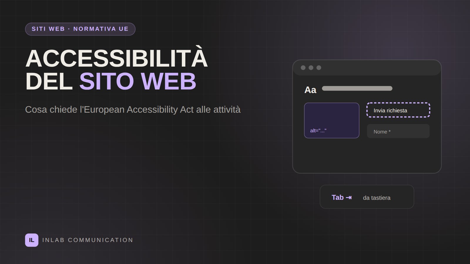 Sito web accessibile con contrasto leggibile, testi alternativi e navigazione da tastiera