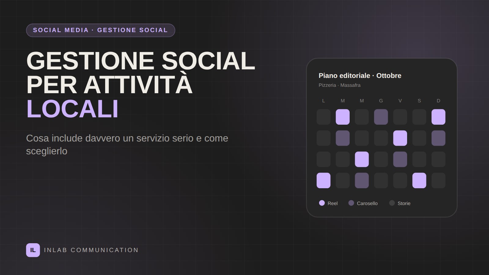 Calendario del piano editoriale mensile di una pizzeria con reel, caroselli e storie