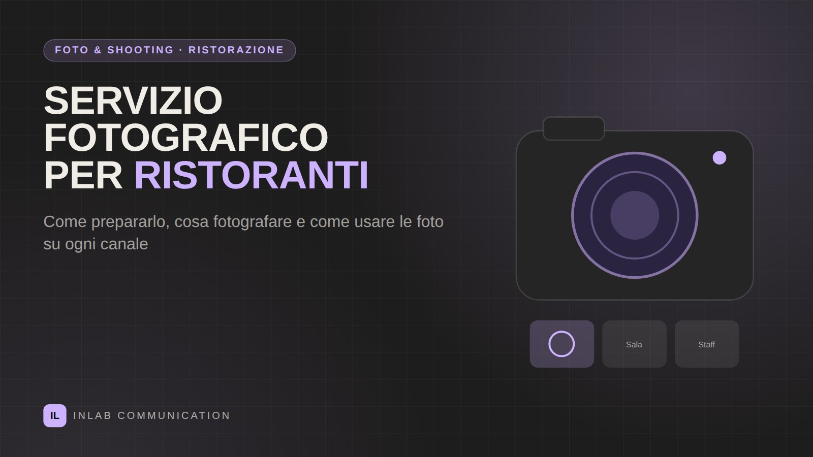 Macchina fotografica che inquadra un piatto con le foto della sala e dello staff