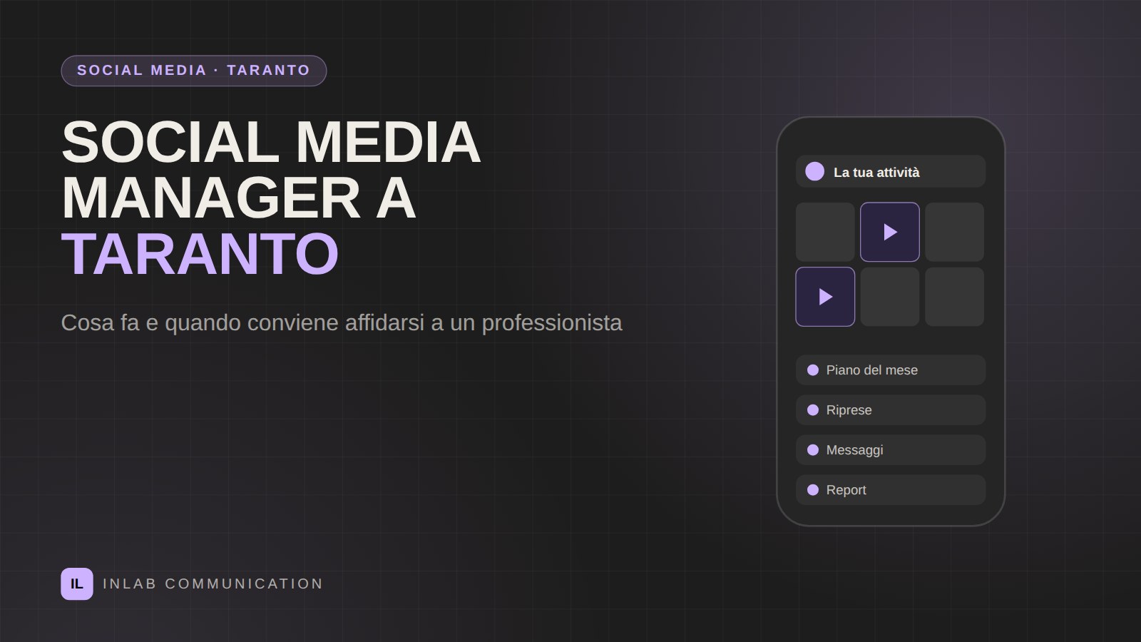 Social media manager a Taranto che pianifica contenuti, riprese e report per un'attività