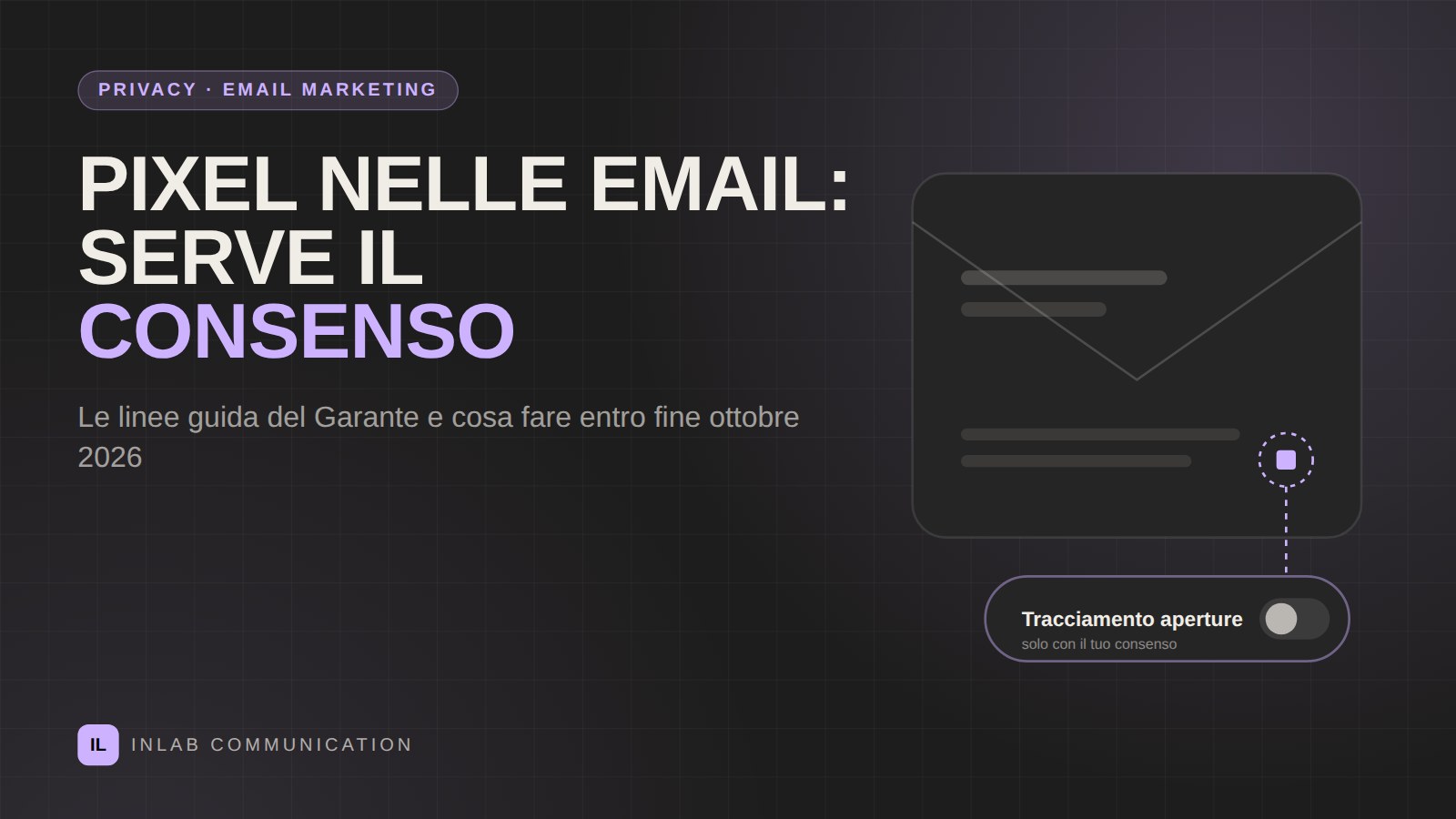 Busta email con un pixel di tracciamento e l'interruttore del consenso
